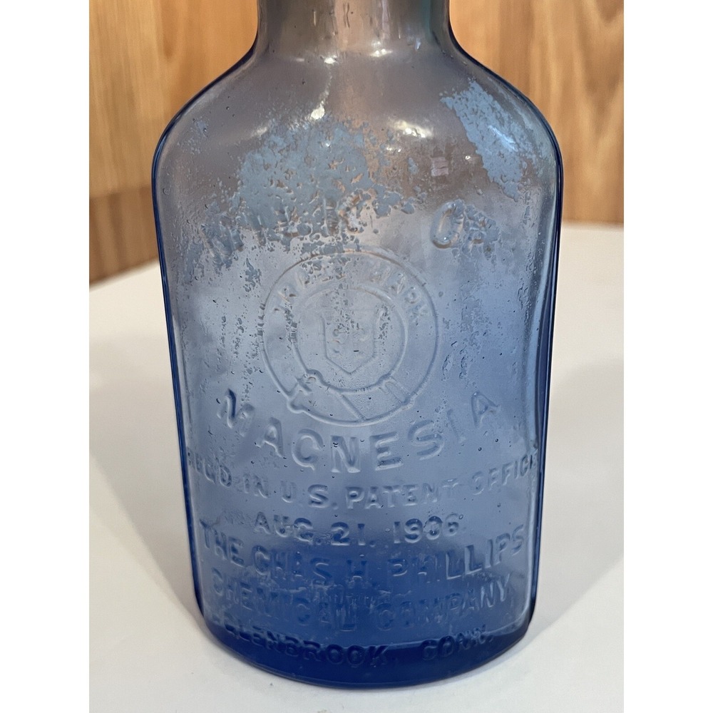 Cobalt Blue Glass Bottle MILK OF MAGNESIA Vintage Antique USA Embossed 1906